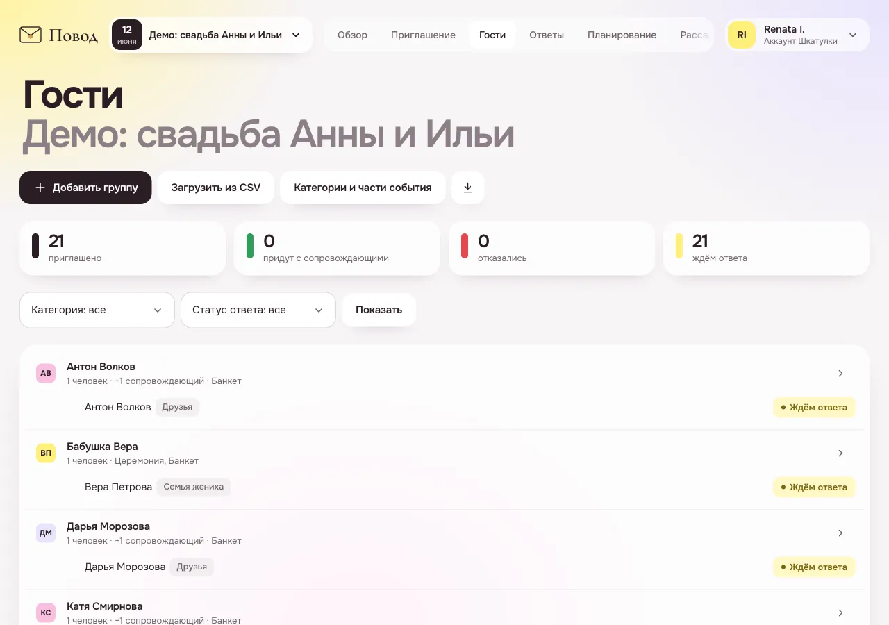 Список гостей в Поводе: сводка приглашённых и ответов, группы с категориями