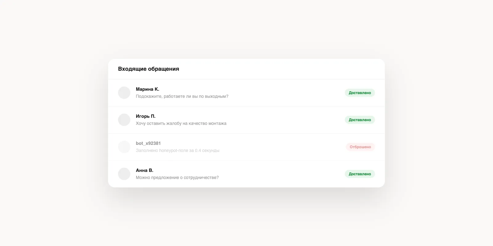 Список входящих обращений: сообщение от бота отброшено honeypot-полем, остальные доставлены